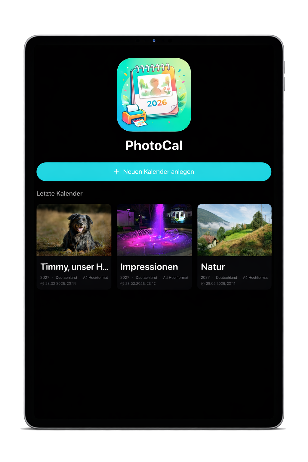 PhotoCal iPad – Startbildschirm mit Kalenderübersicht